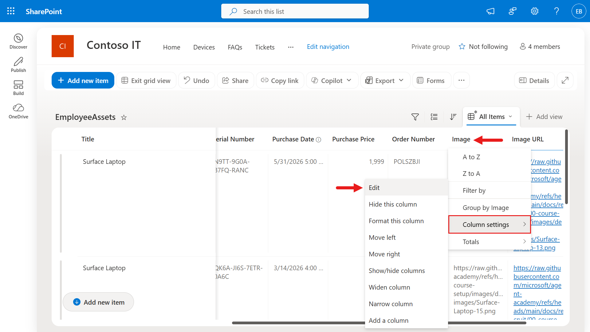 Edit the unwanted SharePoint column