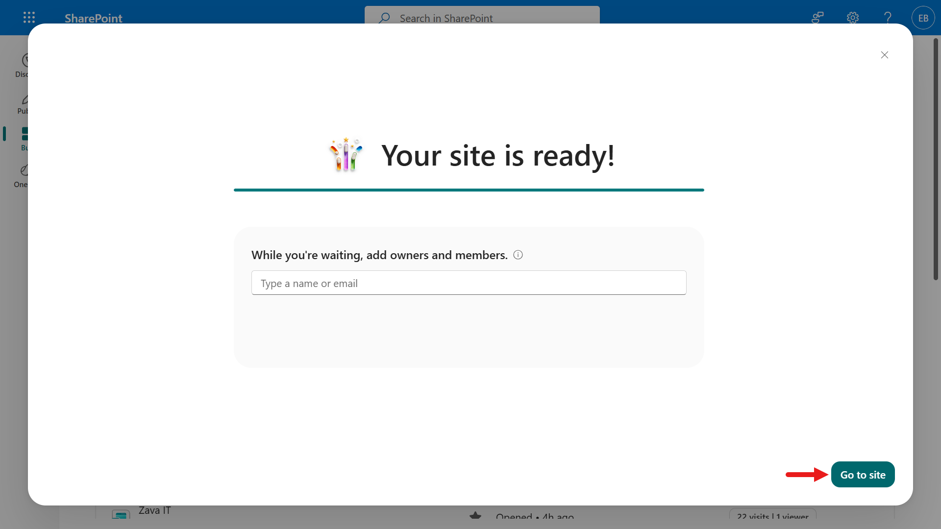 Open the newly created SharePoint site