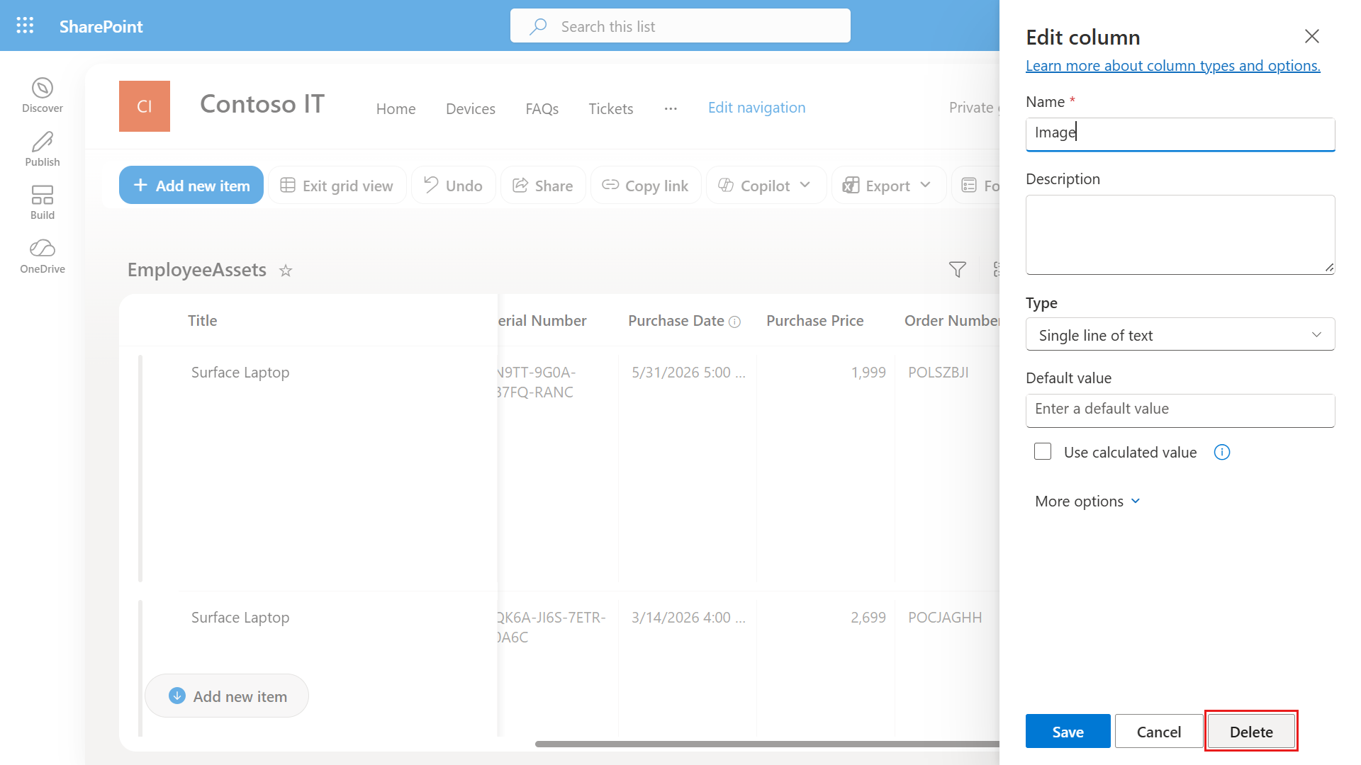 Select delete in column settings
