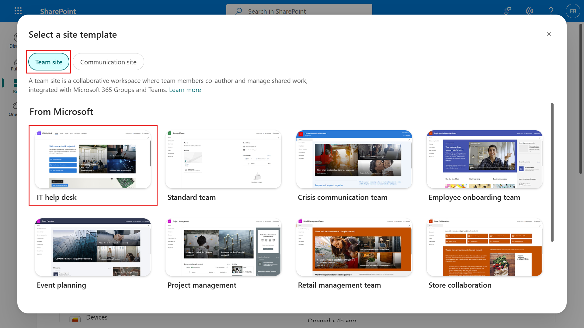 Select IT help desk site template