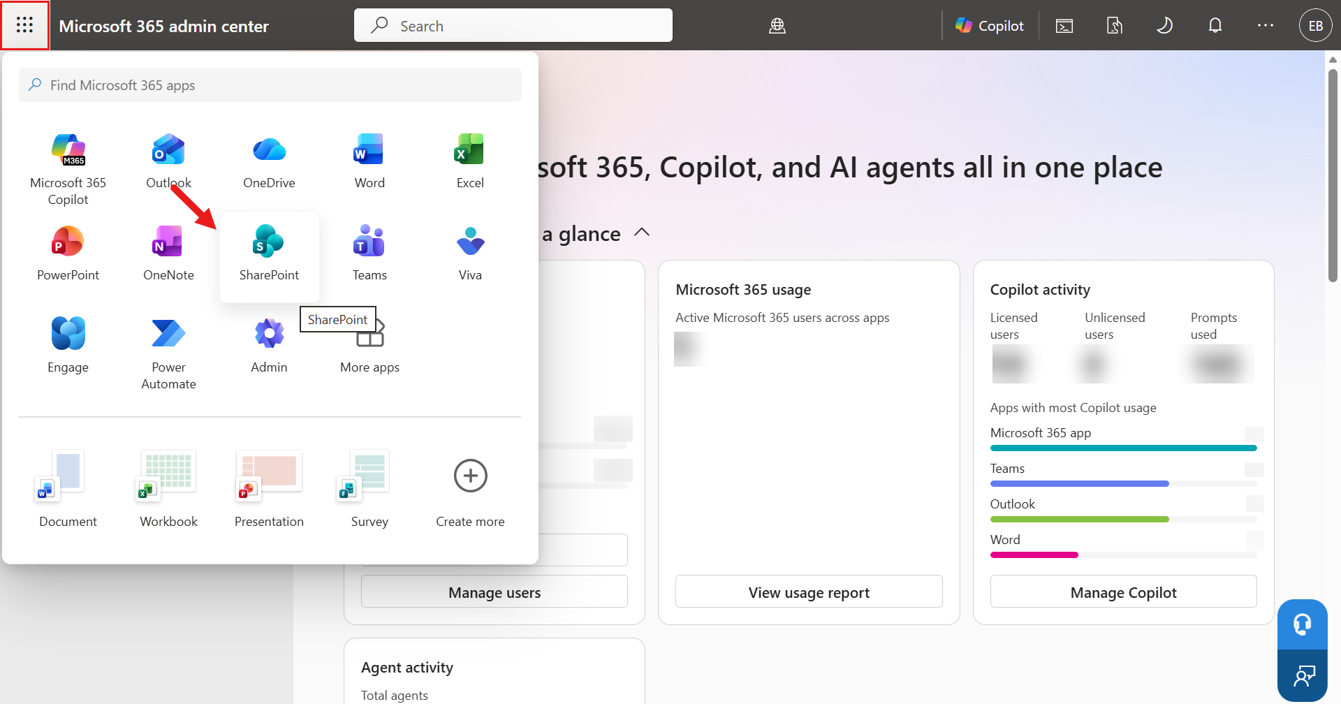Select SharePoint in Microsoft 365 Admin Center