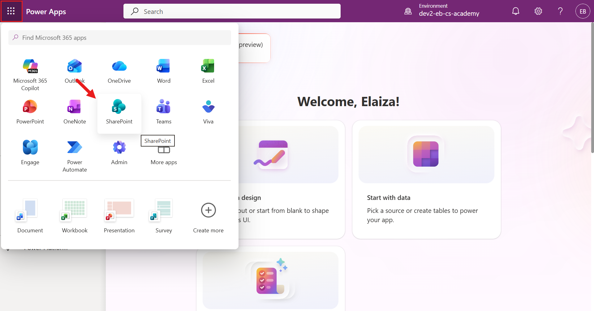 Select SharePoint in Power Apps