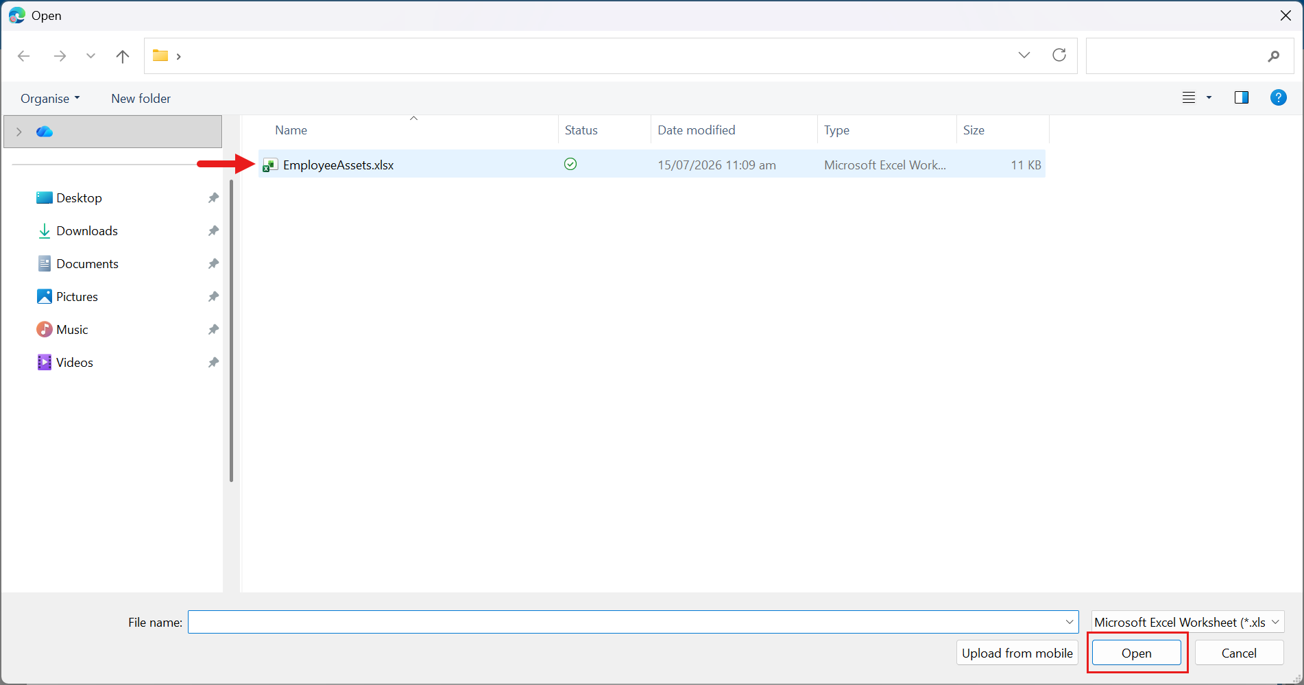 Select the uploaded EmployeeAssets file