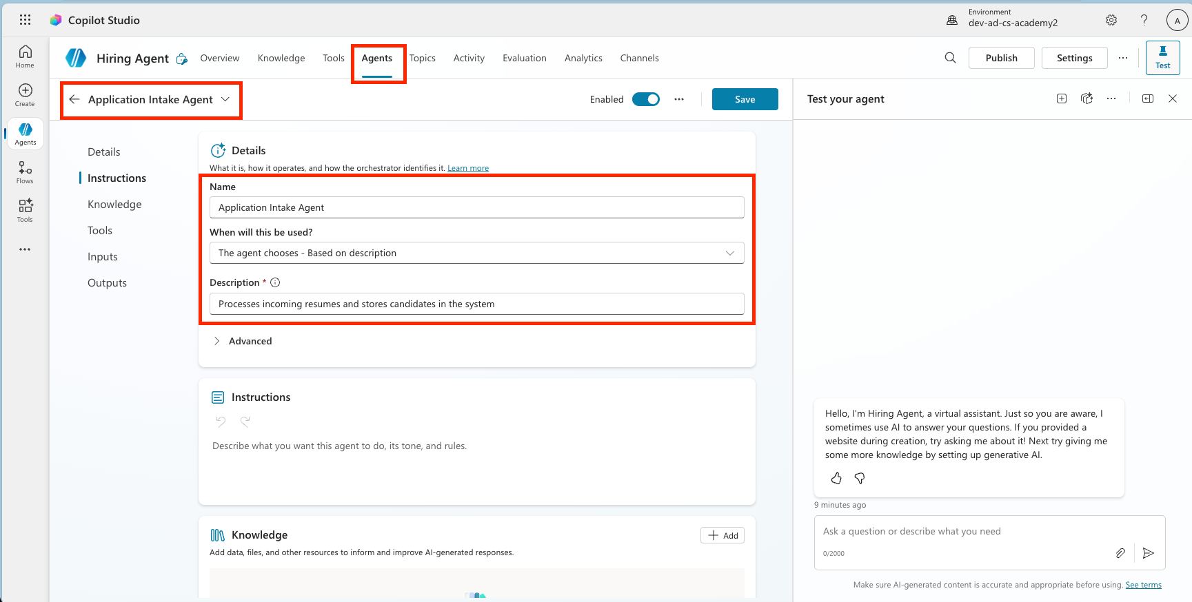 Application Intake Agent Description