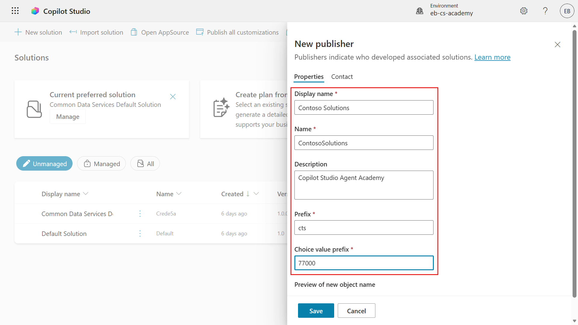 Configure the custom solution publisher properties