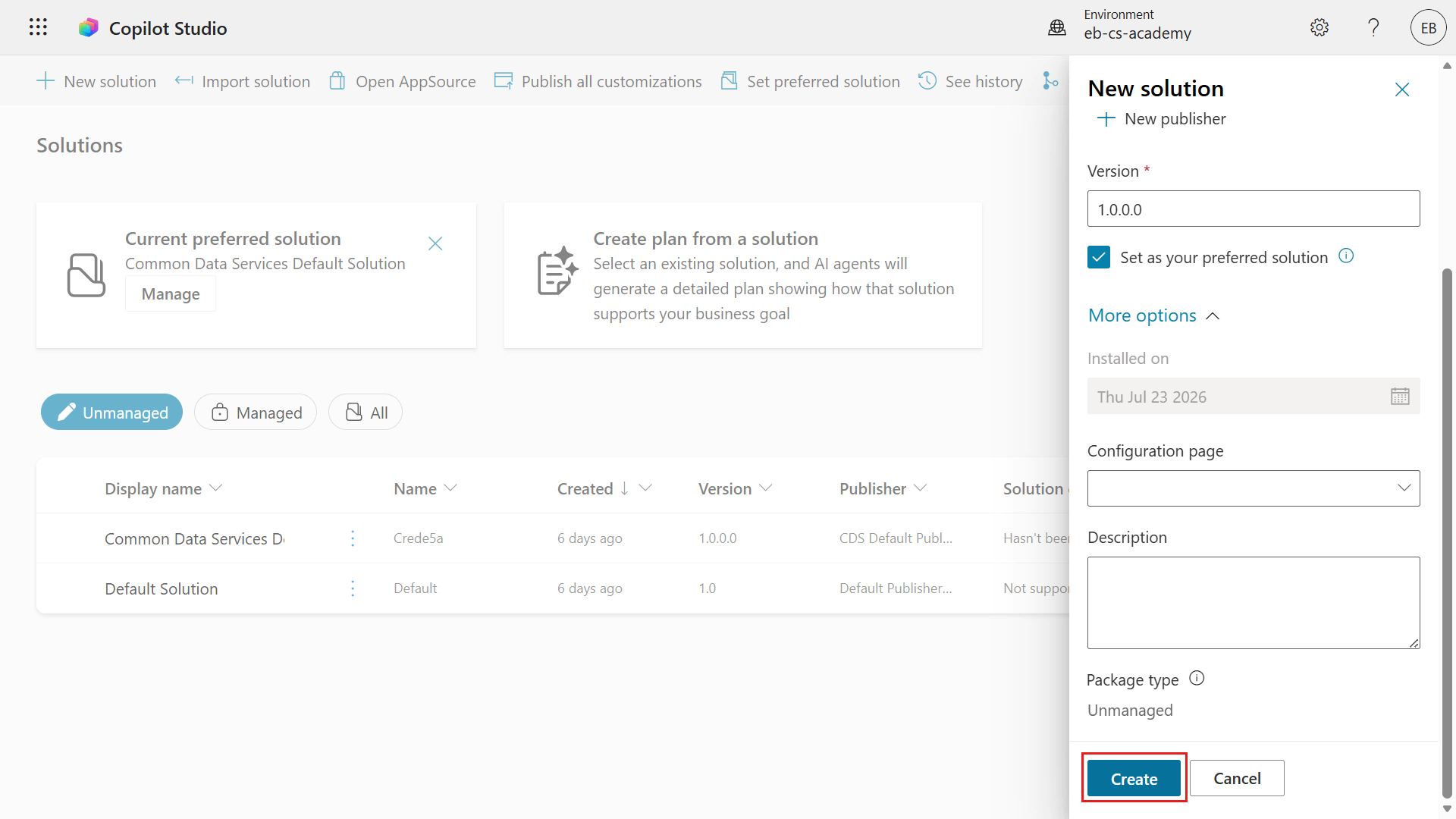 Create the configured Power Platform solution