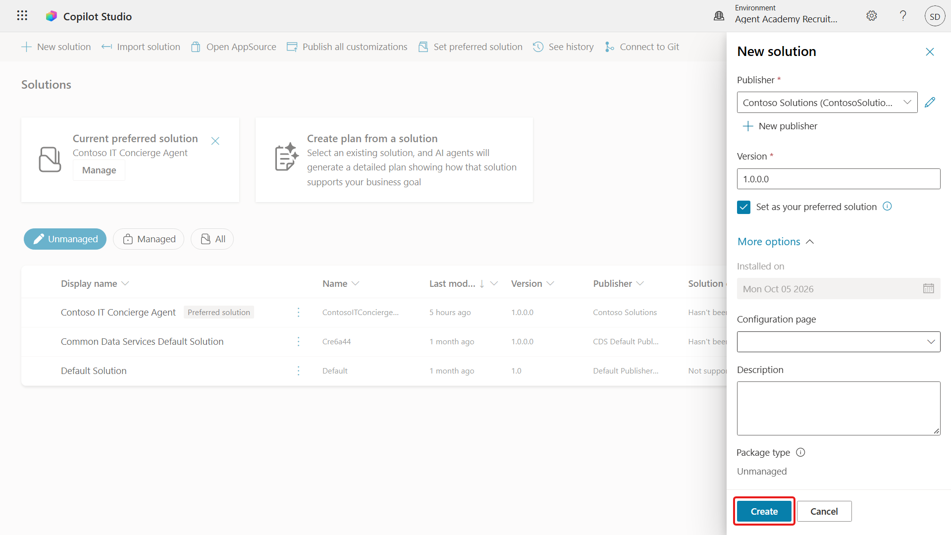 Create the configured Power Platform solution
