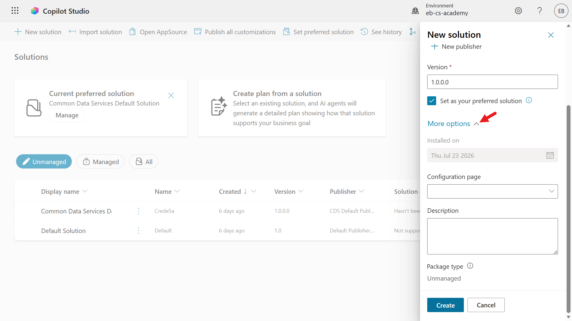 Expand additional options for the solution