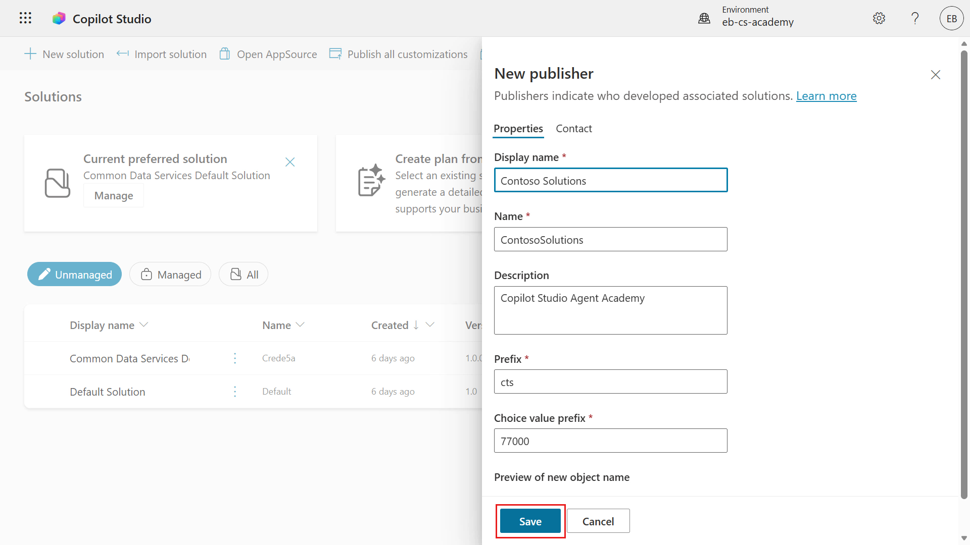 Save the configured solution publisher