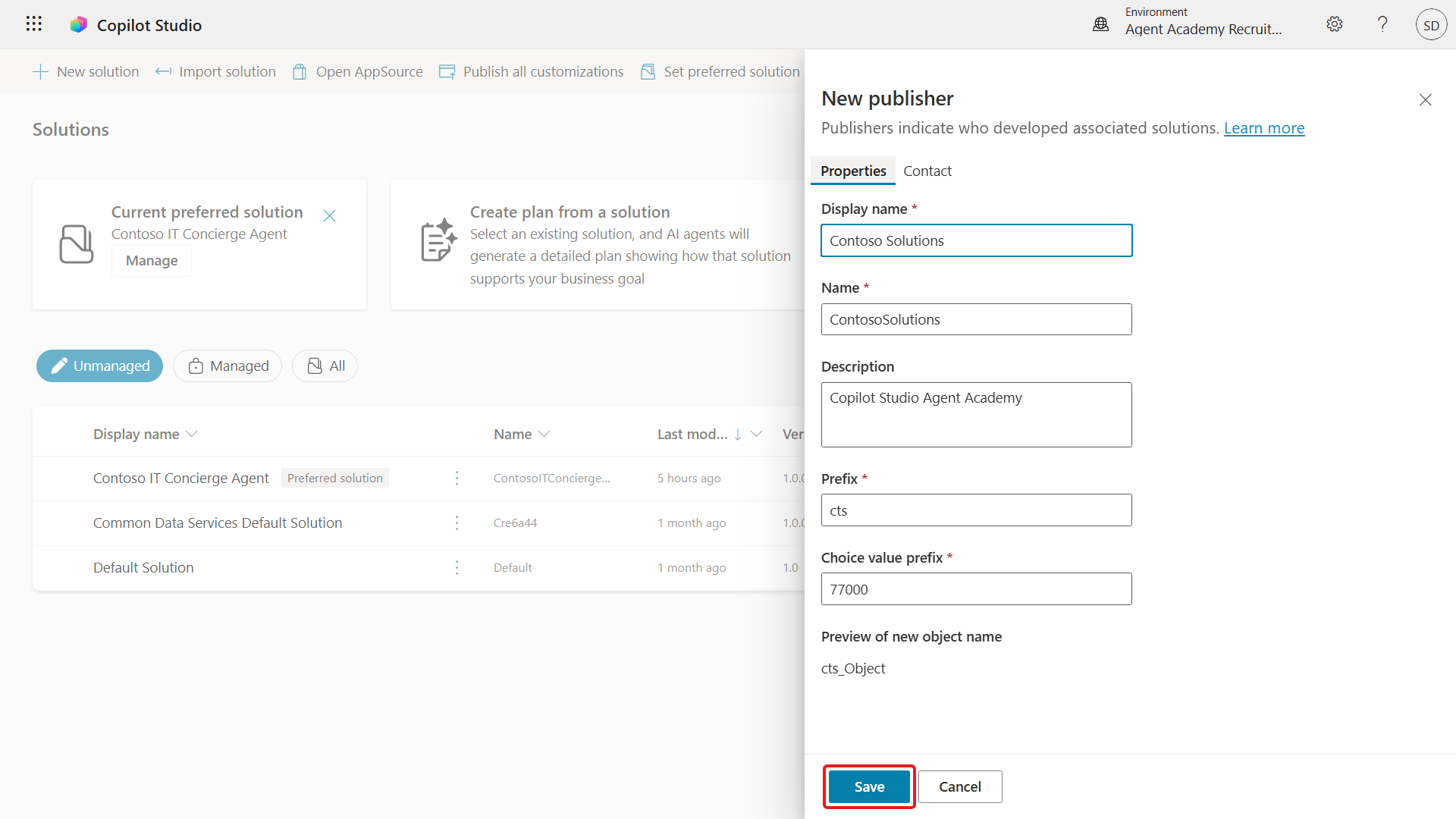 Save the configured solution publisher