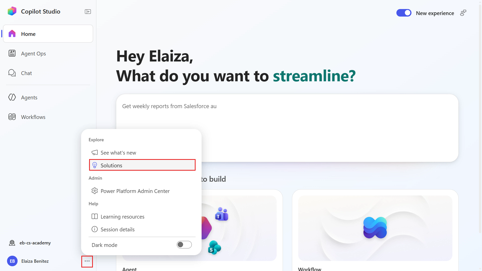 Select Solutions in Copilot Studio navigation