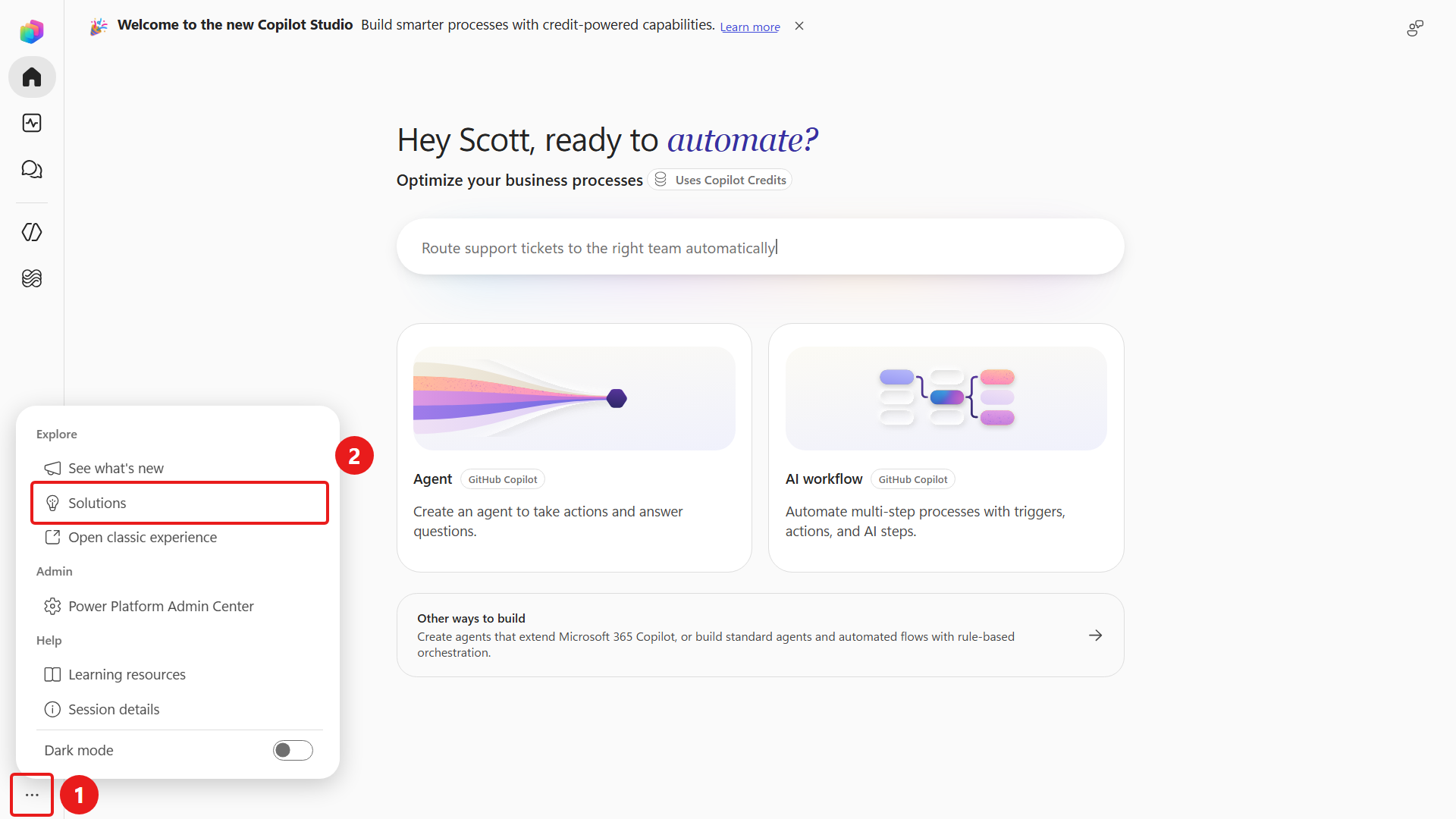 Select Solutions in Copilot Studio navigation