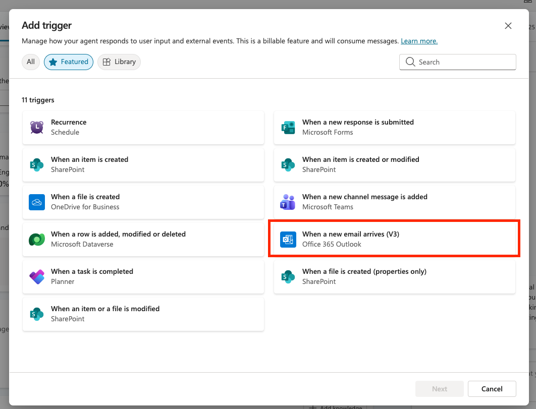 Select When a new email arrives (V3) trigger