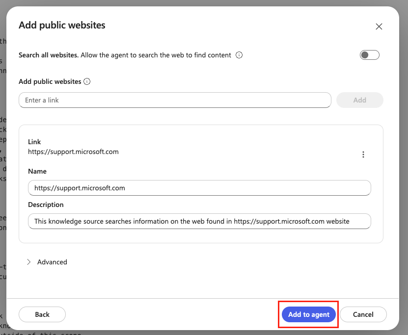 Add public website to the agent