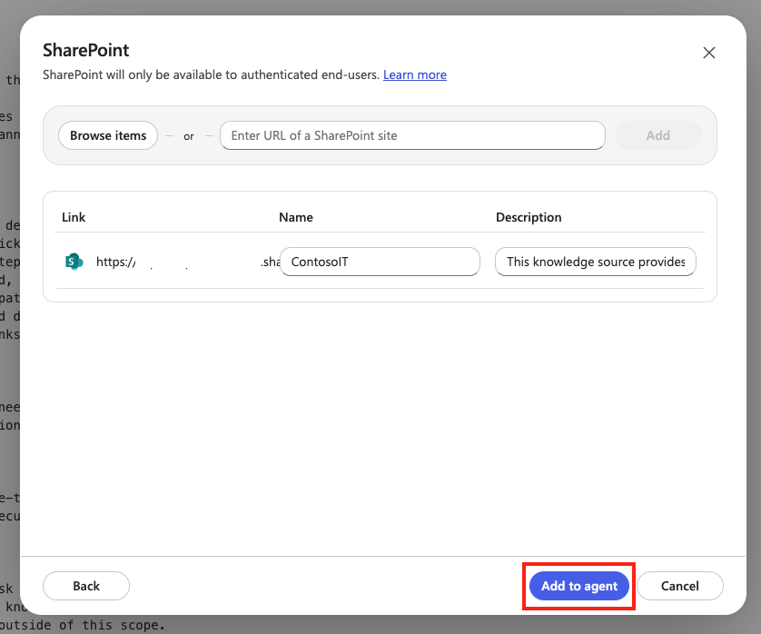 Add SharePoint site to the agent