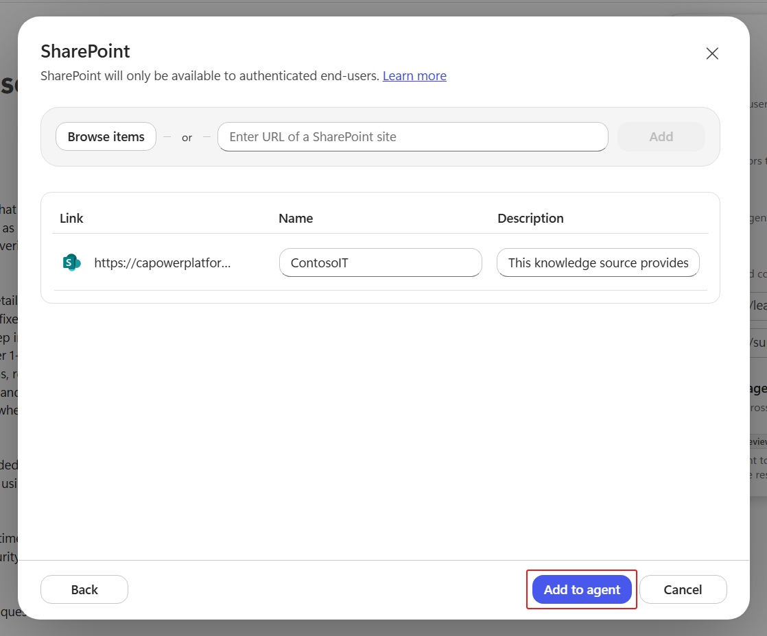 Add SharePoint site to the agent