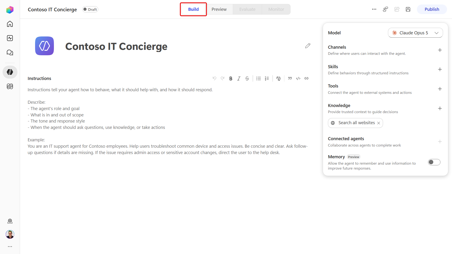 Build tab for configuring agent capabilities