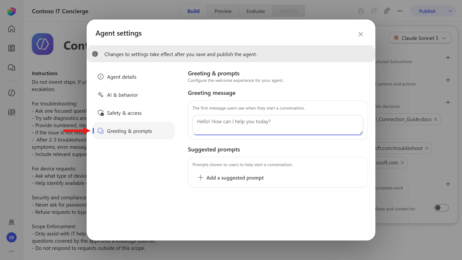 Greeting and prompts tab