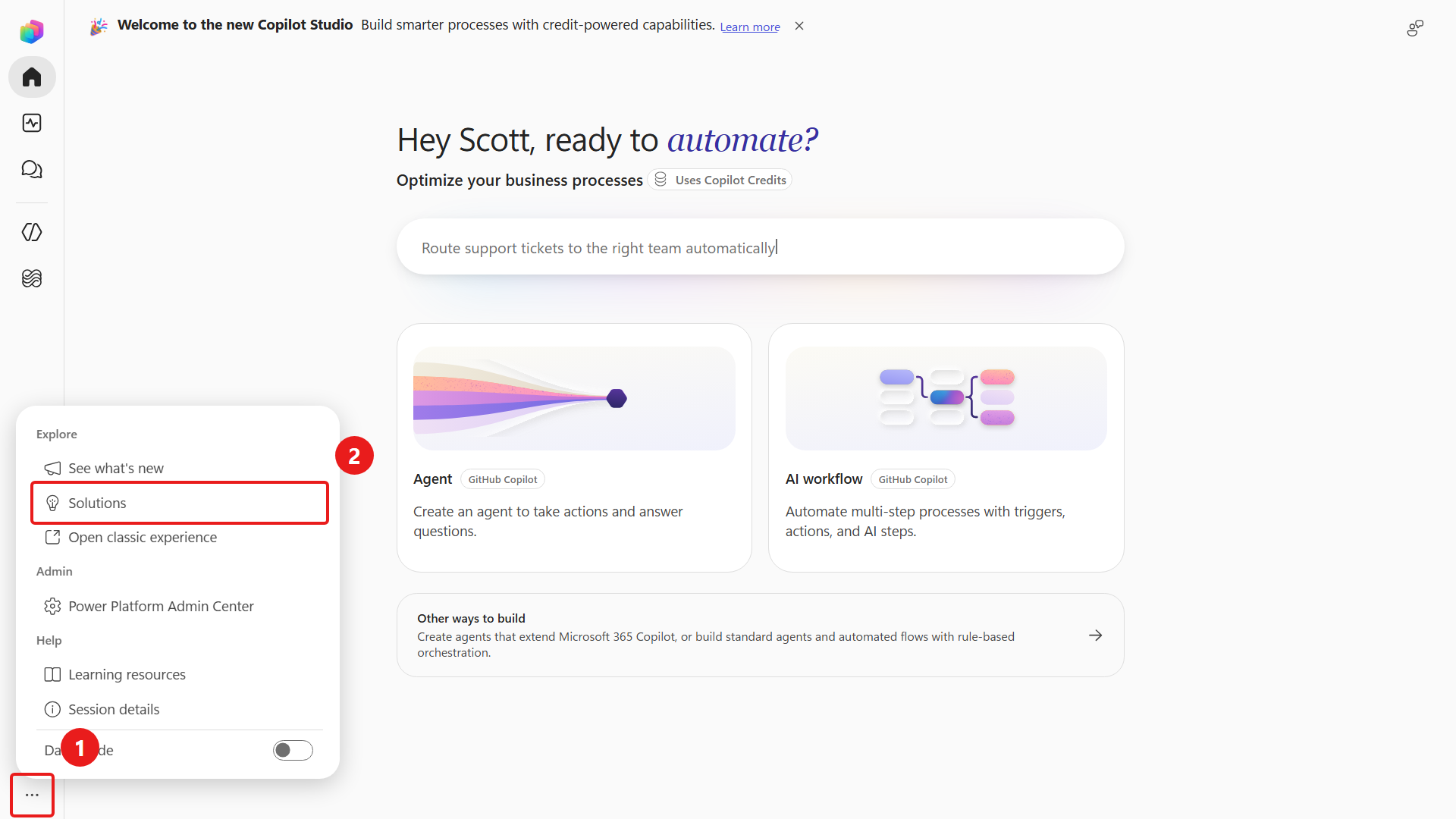 Navigate to solutions in Copilot Studio