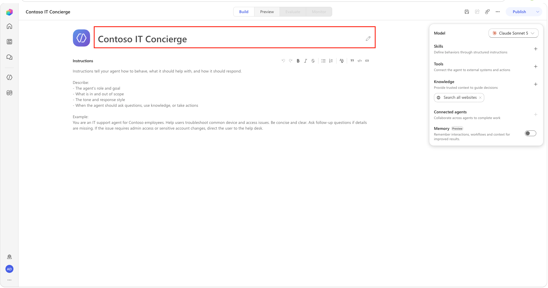 Rename the Contoso IT Concierge agent