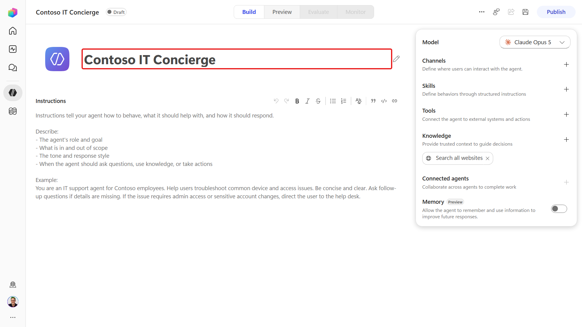 Rename the Contoso IT Concierge agent