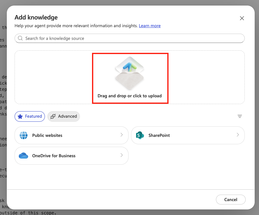 Select Click to upload knowledge file