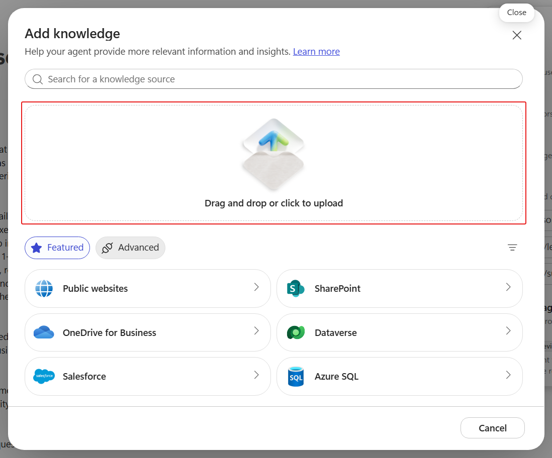 Select Click to upload knowledge file