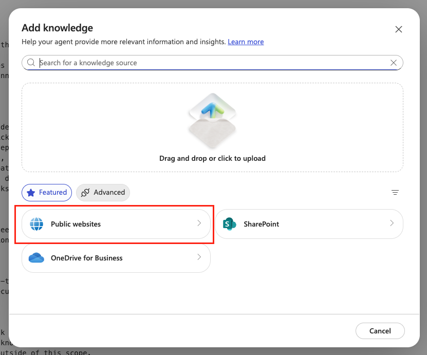 Select public website knowledge source