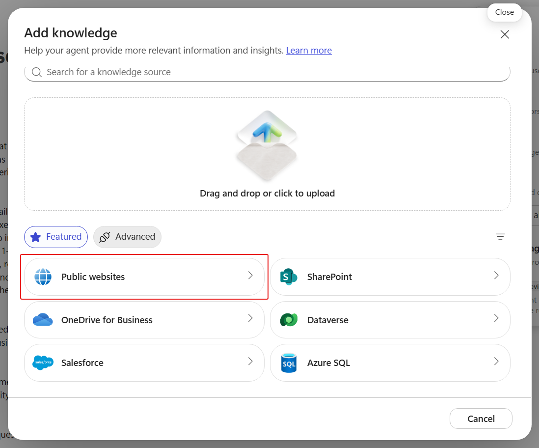 Select public website knowledge source