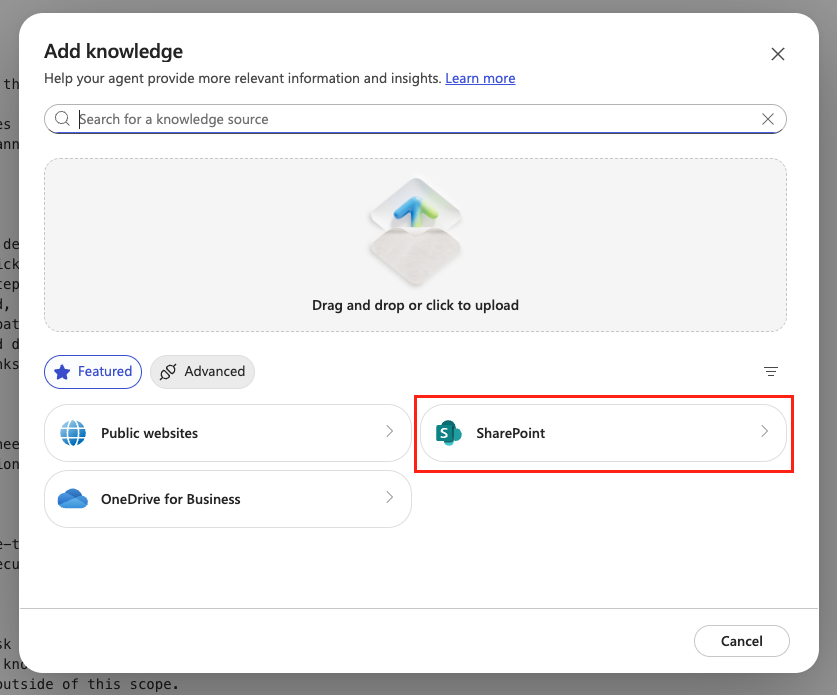 Select SharePoint knowledge source option