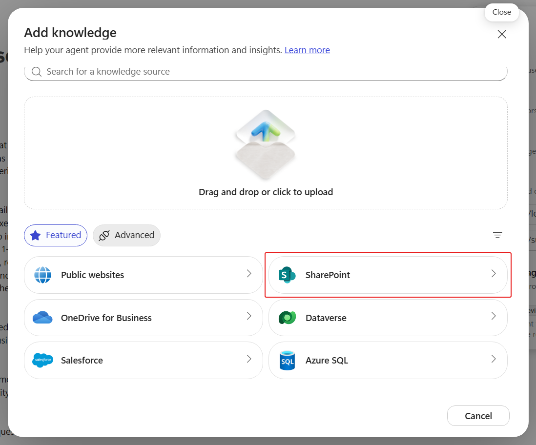 Select SharePoint knowledge source option
