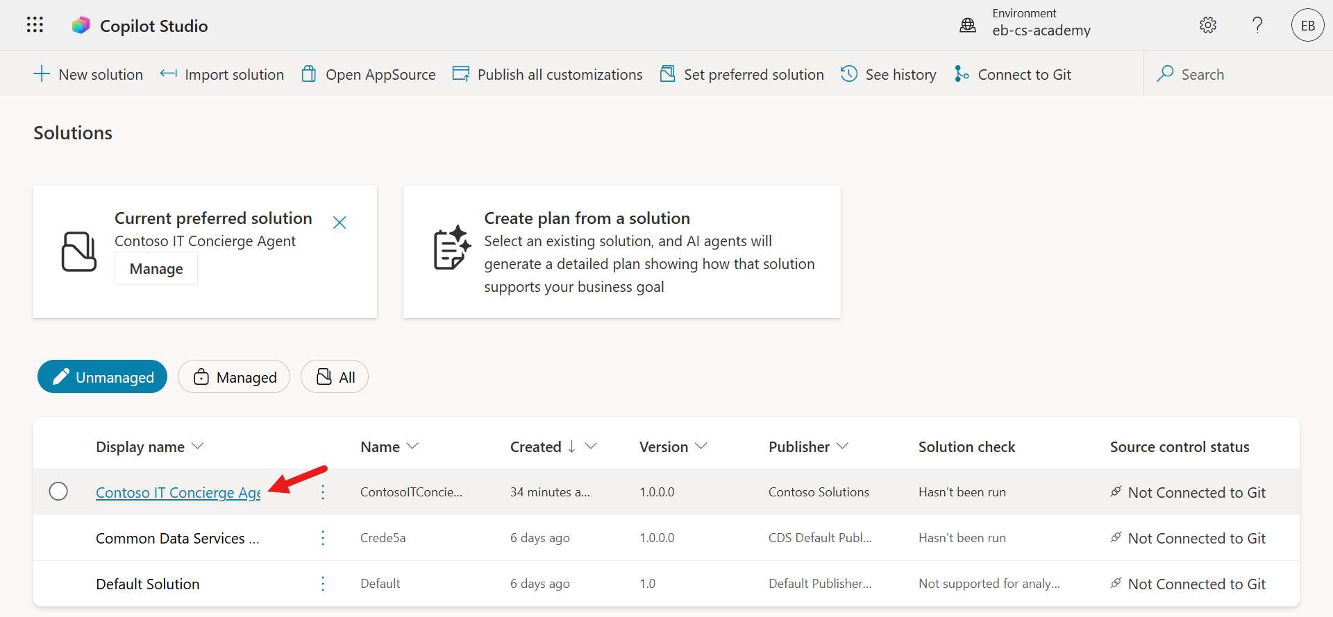 Select the Contoso IT Concierge solution