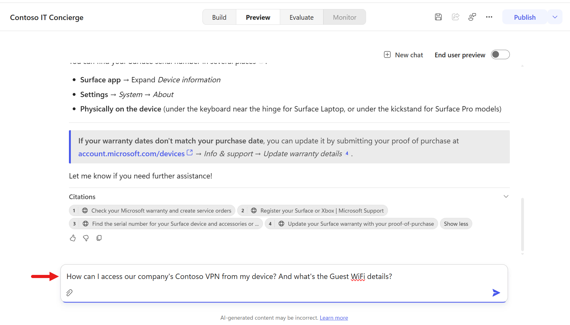 Test SharePoint site and Word file knowledge sources