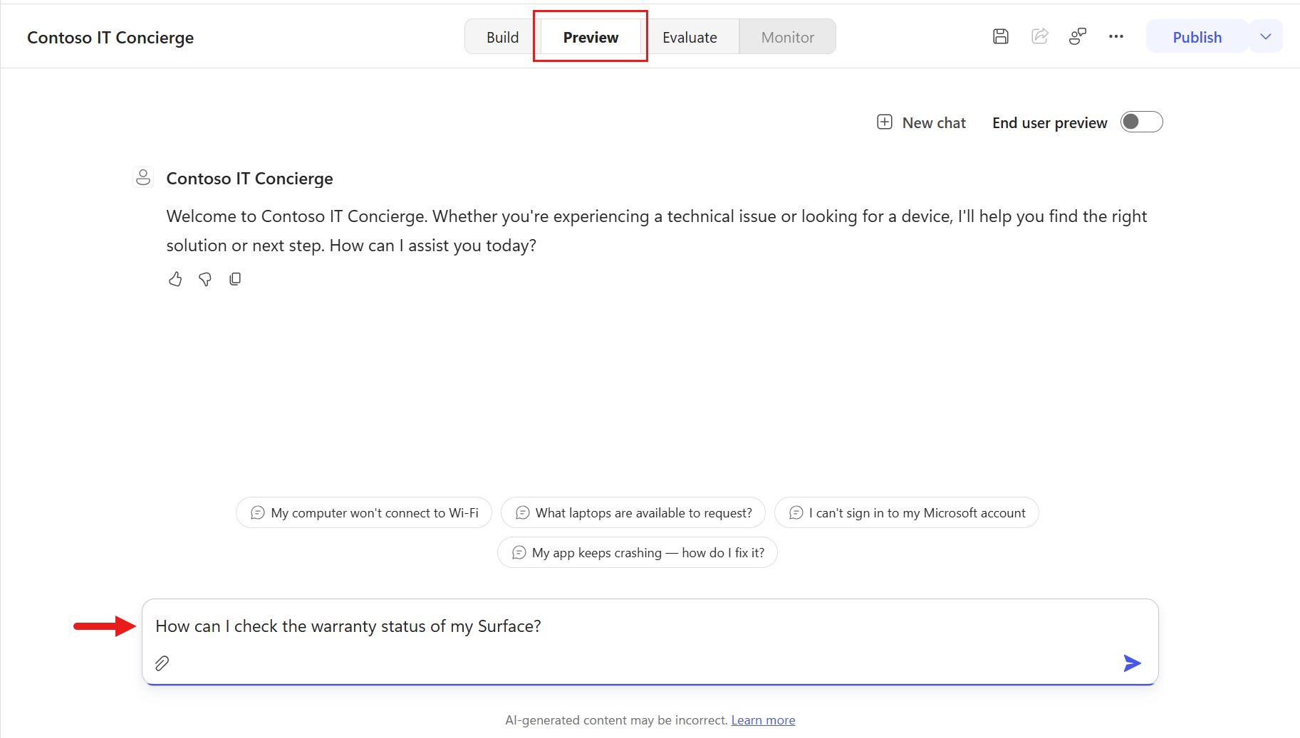 Test the public website knowledge source