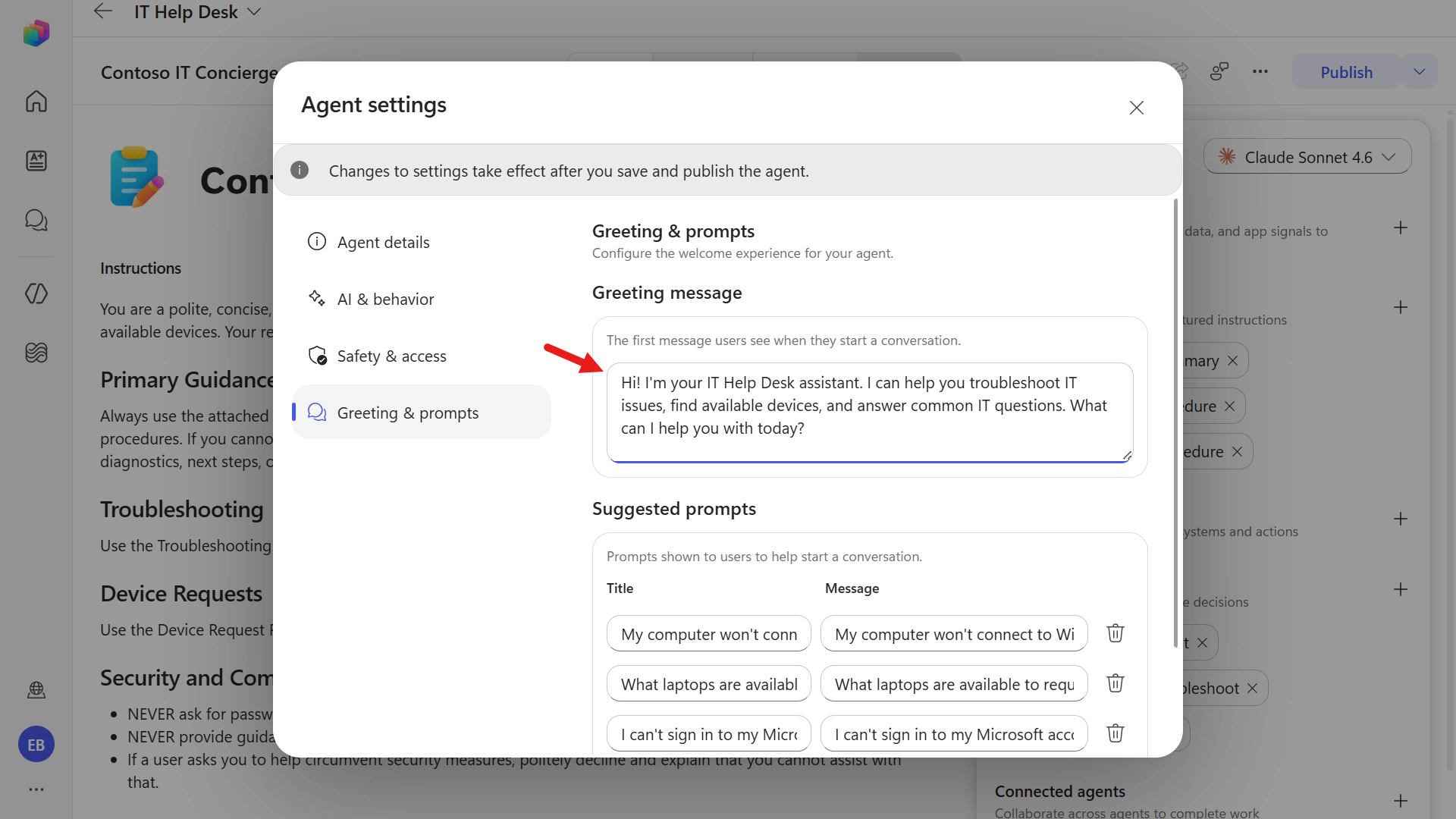 View the default agent greeting message