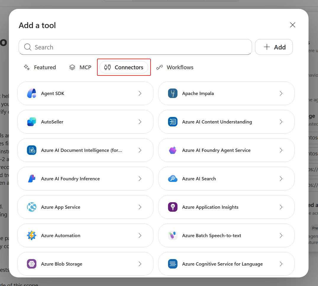 Available connector tools in Copilot Studio