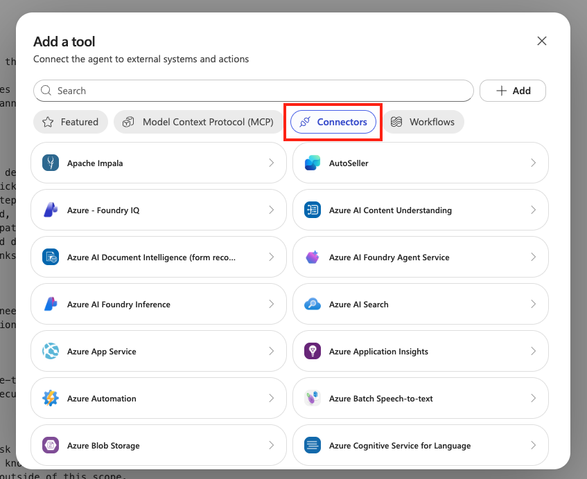 Available connector tools in Copilot Studio