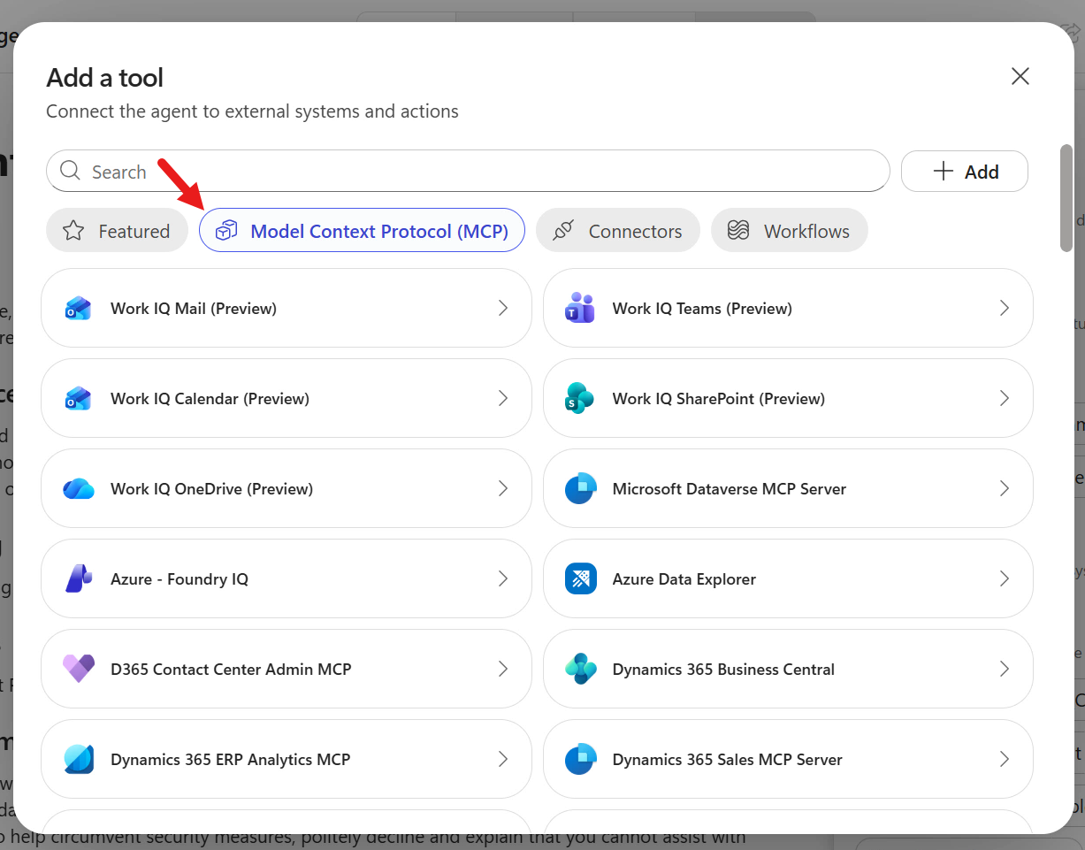 Available MCP tools in Copilot Studio
