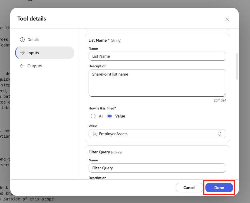 Finish configuring the SharePoint tool inputs