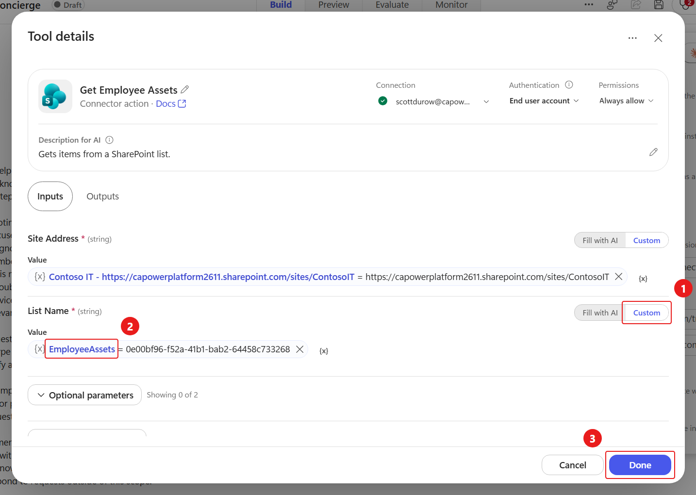 Finish configuring the SharePoint tool inputs