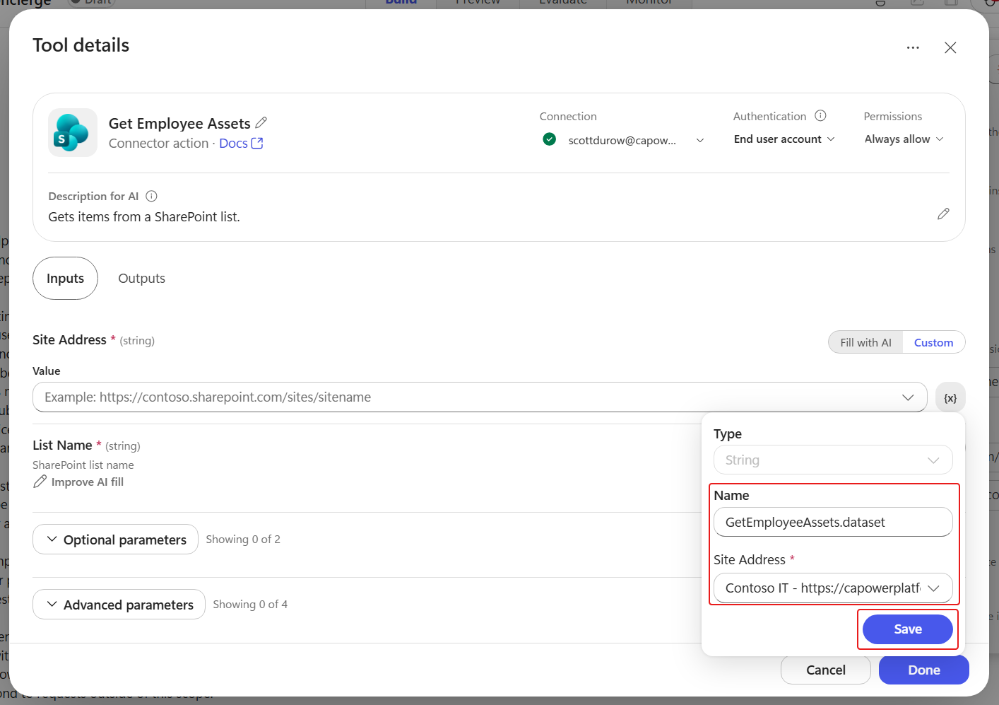 Select SharePoint site for the variable configuration