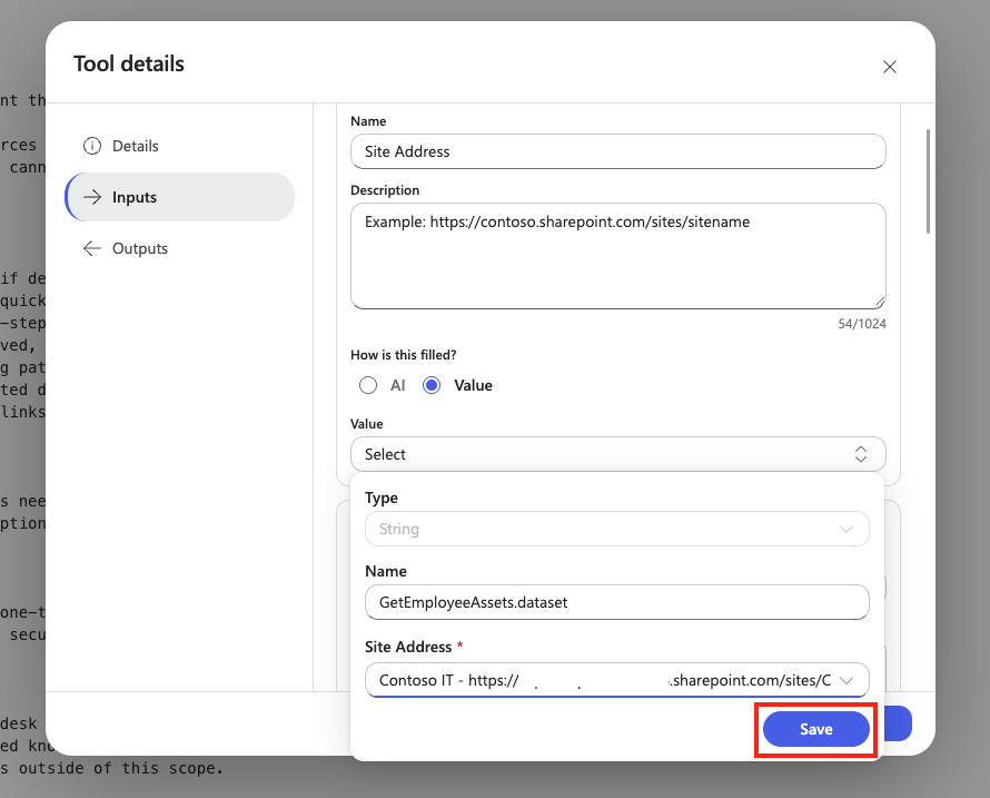 Select SharePoint site for the variable configuration
