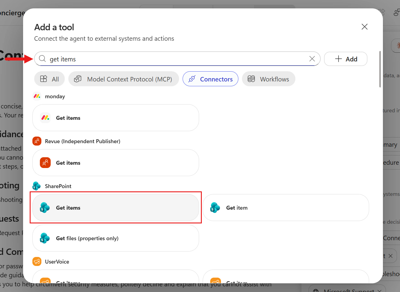 Select the SharePoint Get items tool