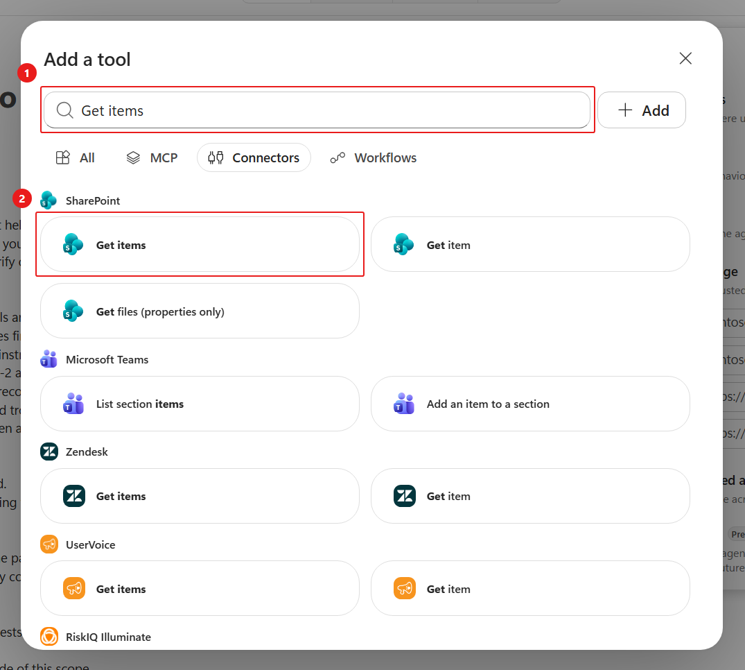 Select the SharePoint Get items tool