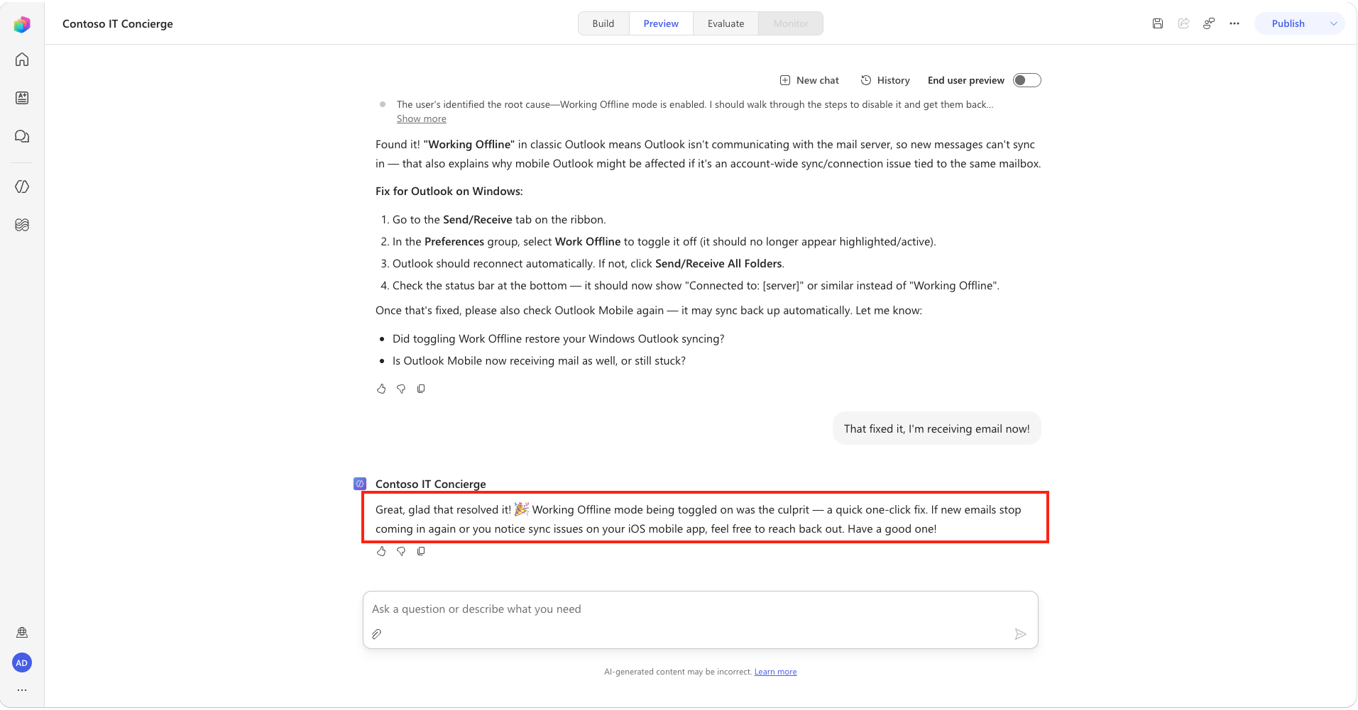 Confirm the troubleshooting skill closes successfully