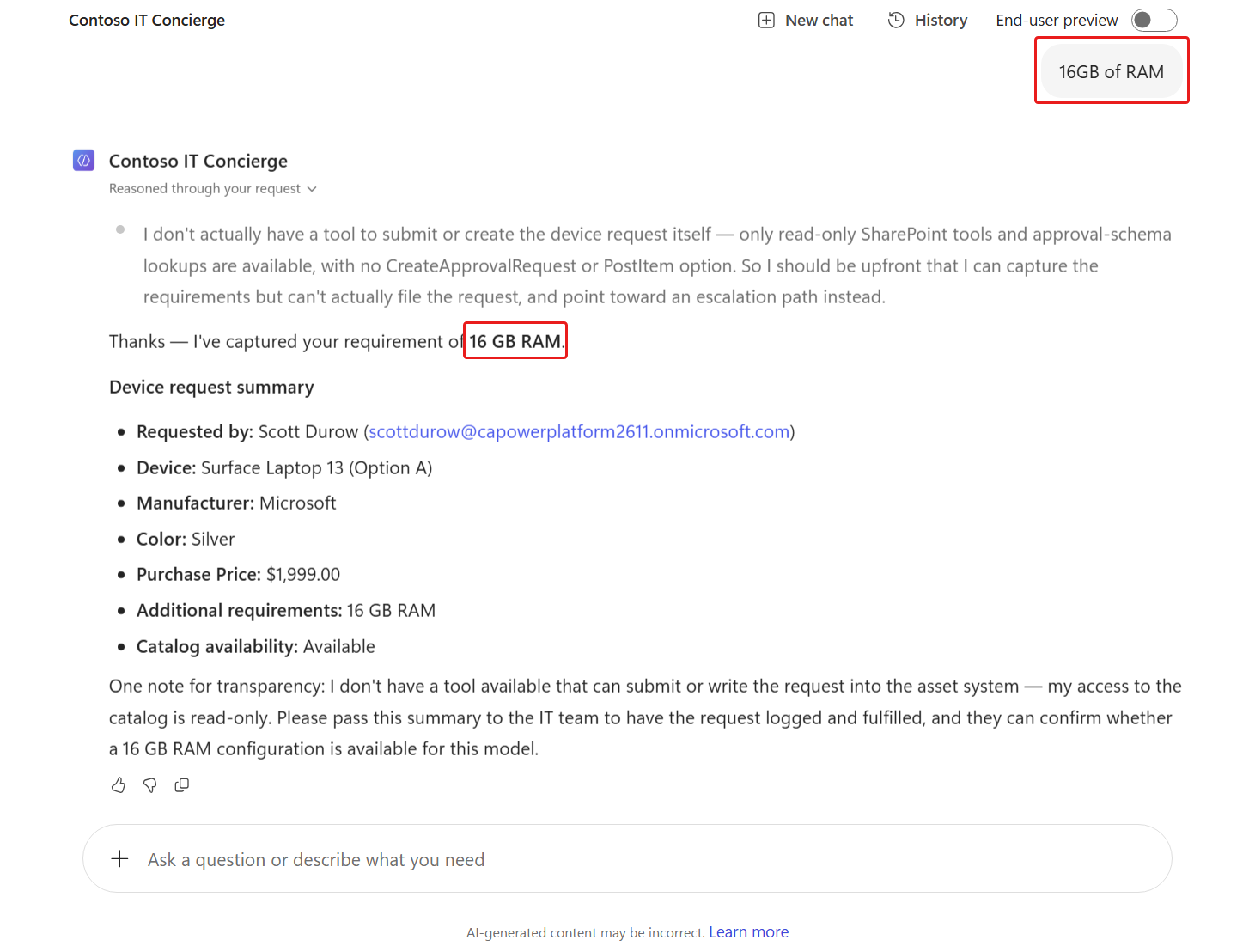 Device summary includes additional user requirements