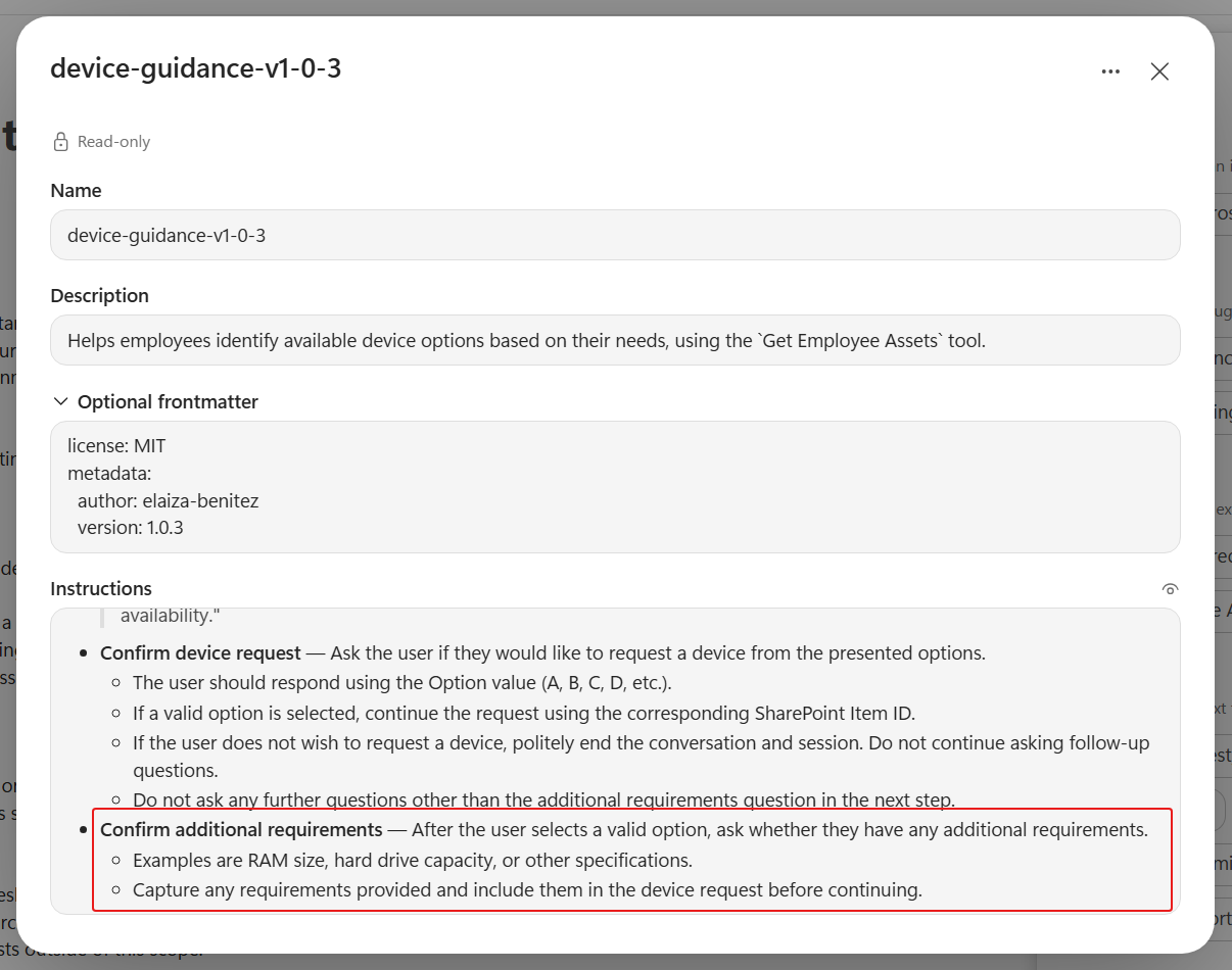 Replace skill and review additional requirements instructions