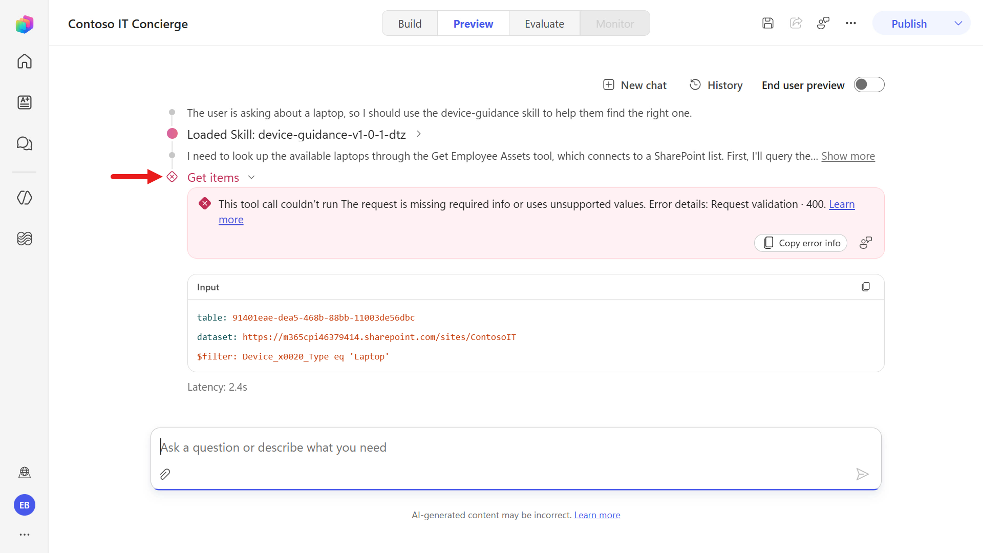 Example of a SharePoint query error
