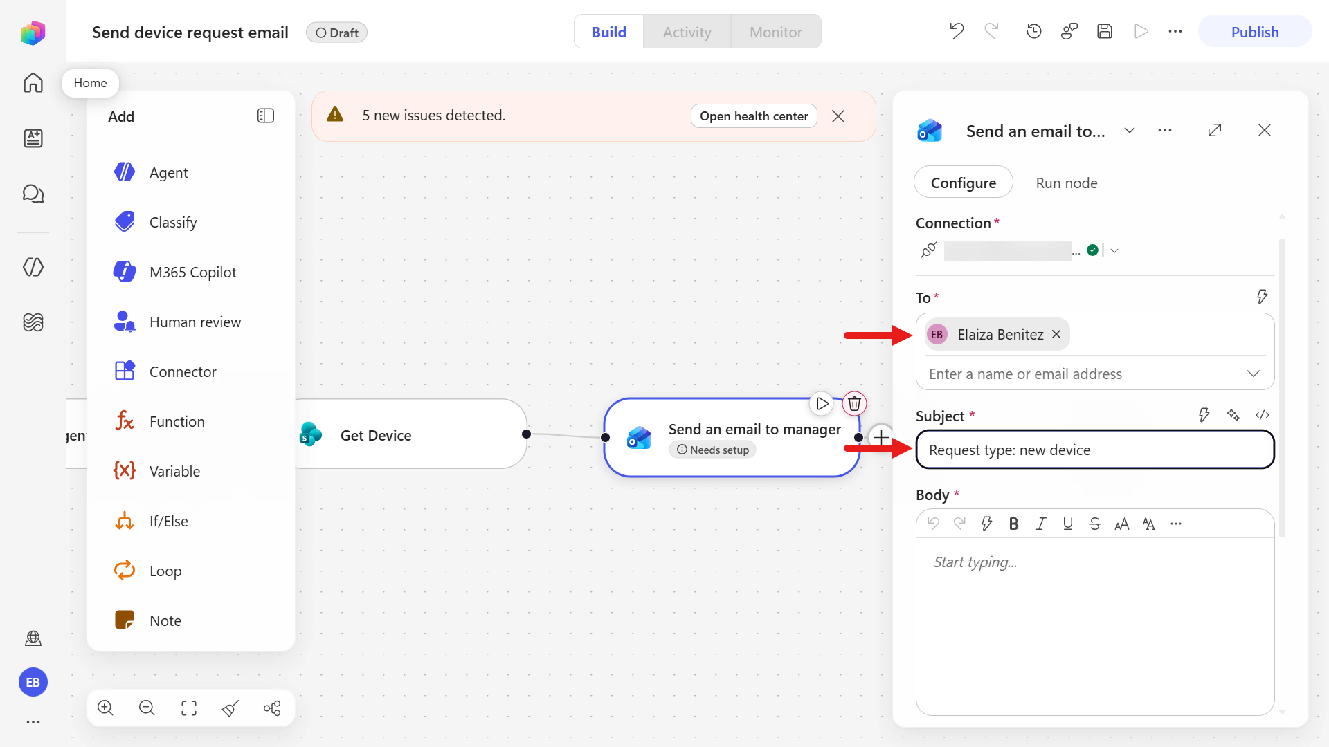 Configure Send an email input parameters