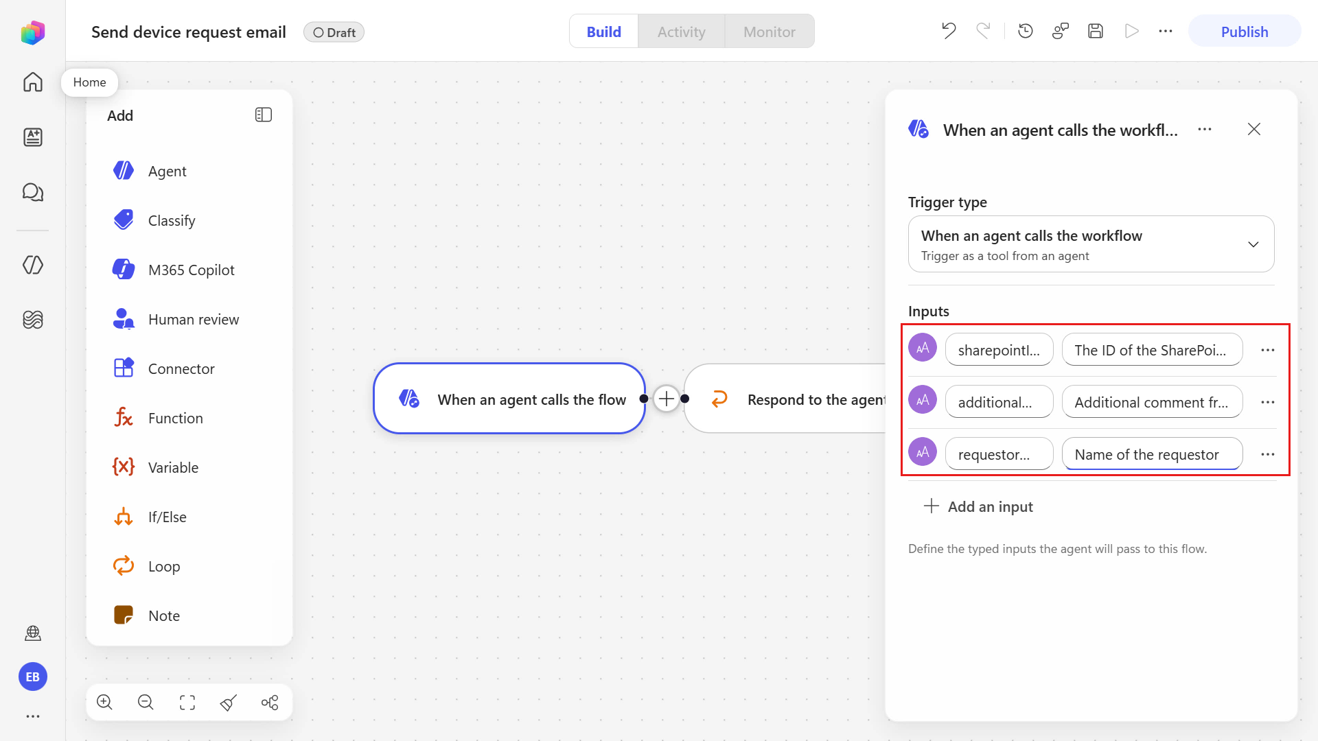 Configure text inputs on workflow trigger